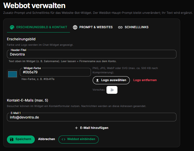 Originalansicht: Widget-Design und Kontaktadressen konfigurieren