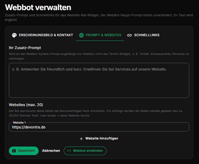 Originalansicht: Prompt und Website-Wissen im DeviBot Portal