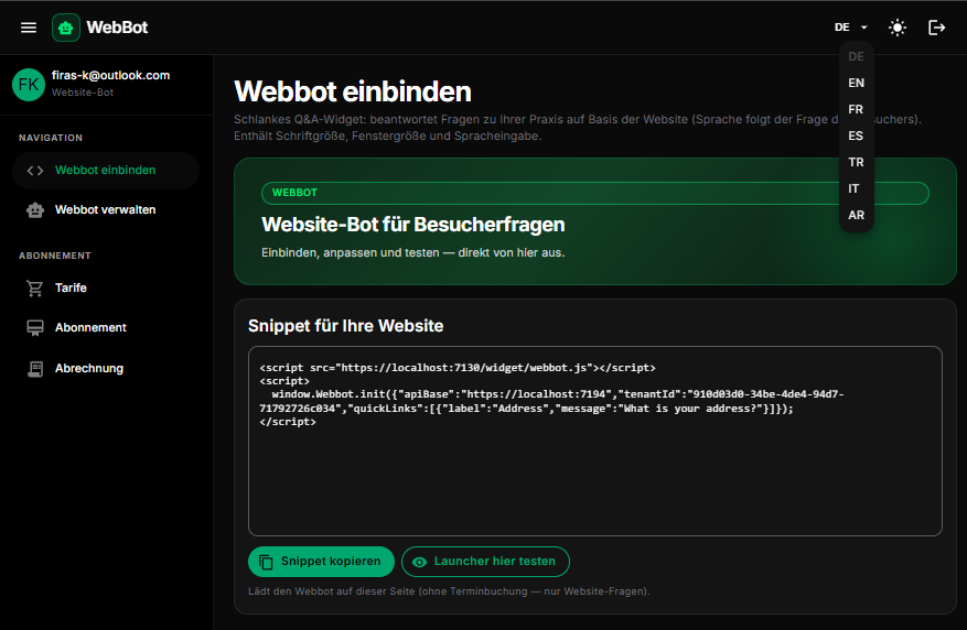 Originalansicht: DeviBot Script-Code zur Website-Einbindung