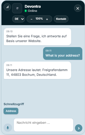 DeviBot beantwortet eine Besucherfrage im Website-Chat